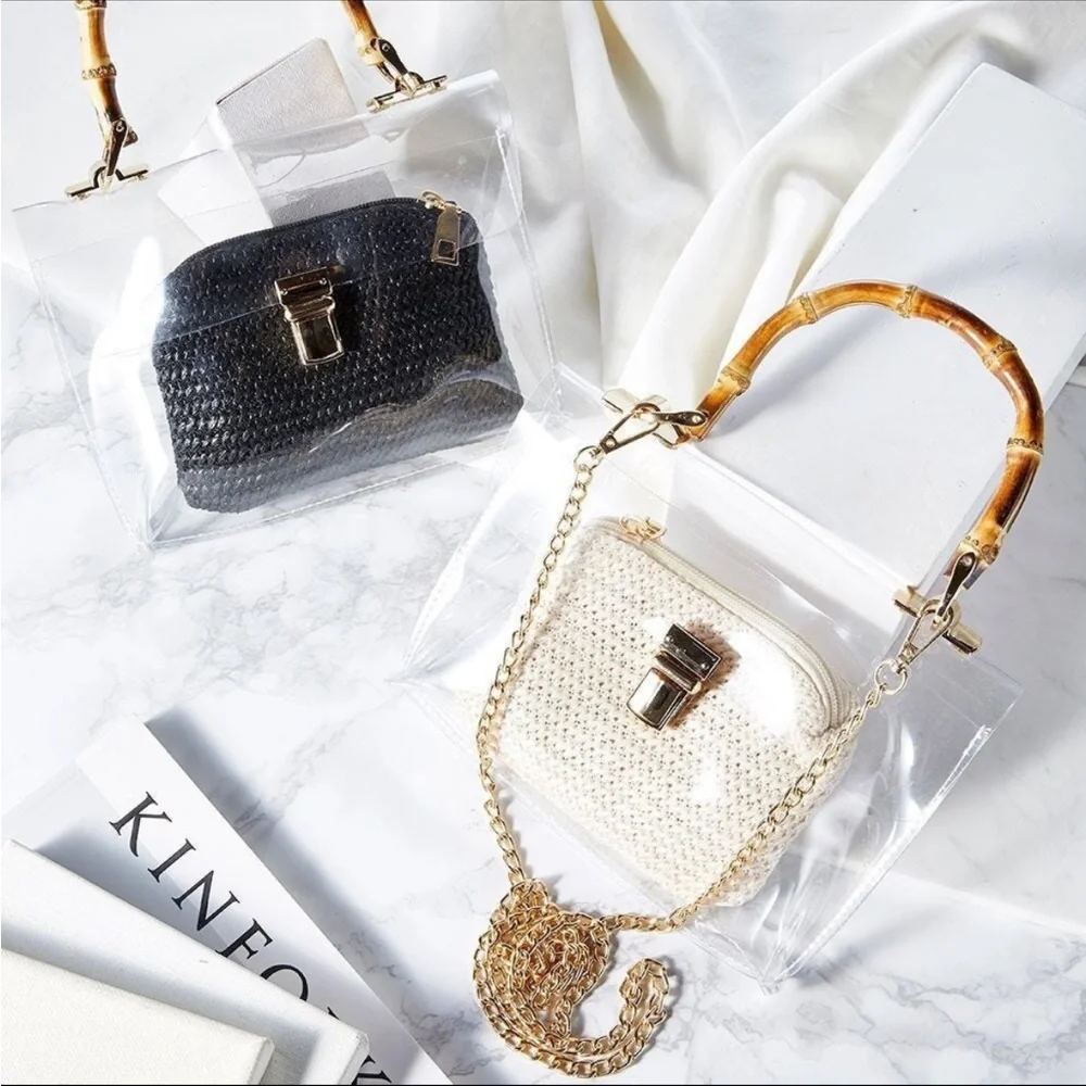 Clear stadium handbag featuring straw pouch, bamboo-look handle and chain strap. - Picture 3 of 9